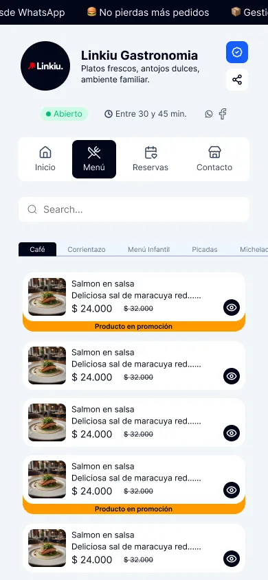 Menú de la tienda en Linkiu